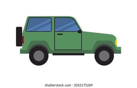 Green car side view icon, sport utility off-road vehicle isolated on white background, automobile with wheel at the back vector illustration