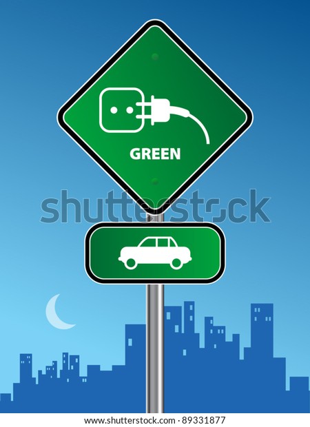 Green\
car sign on urban background, vector\
illustration