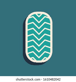 Green Car tire icon isolated on blue background. Long shadow style. Vector Illustration