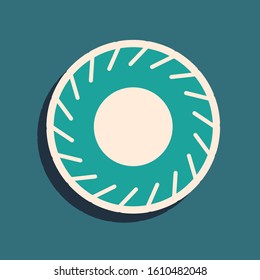 Green Car tire icon isolated on blue background. Long shadow style. Vector Illustration