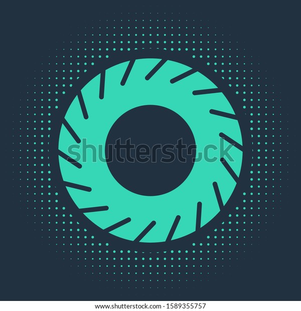Green Car tire icon isolated on\
blue background. Abstract circle random dots. Vector\
Illustration