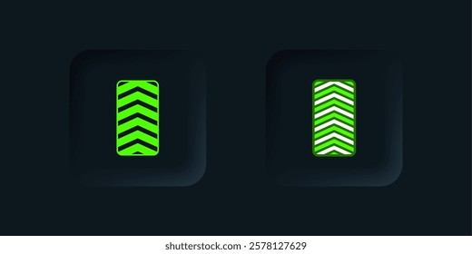 Green Car tire wheel icon isolated on black background. Black square button. Vector