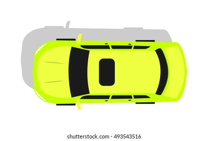 Green car from top view vector illustration. Flat design auto. Illustration for transport concepts, car infographic, icons or web design. Delivery automobile. Isolated on white background
