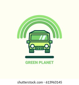 Green car. Vector illustration on the theme of ecology. Take care of nature.