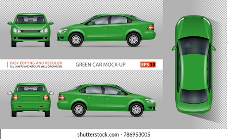 Green car vector mock-up for advertising, corporate identity. Isolated template of eco transport on transparent background. Vehicle branding mockup. View from side, front, back, top.