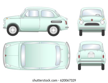 Green car vector template on white background. Old retro car isolated. All layers and groups well organized for easy editing and recolor. View from side, front, back and top. Vector illustration.