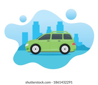 green car vehicle traveling on the city vector illustration design