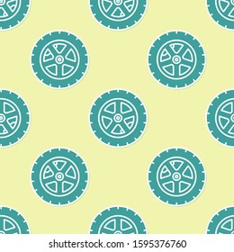 Green Car wheel icon isolated seamless pattern on yellow background.  Vector Illustration