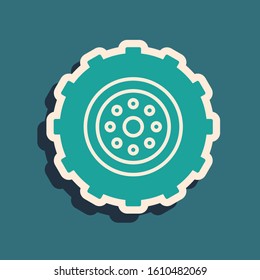 Green Car wheel icon isolated on blue background. Long shadow style. Vector Illustration