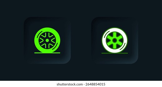Green Car wheel icon isolated on black background. Black square button. Vector