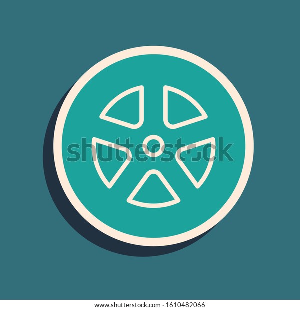 Green Car wheel icon isolated on blue\
background. Long shadow style. Vector\
Illustration