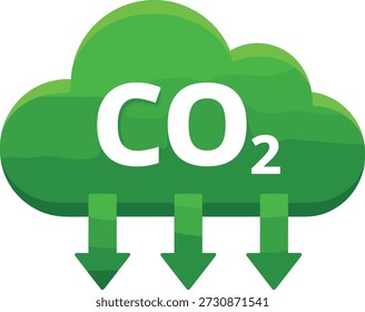 Nube verde de dióxido de carbono con flechas hacia abajo que representa una Ilustración vectorial de $CO_2$ y sostenibilidad ambiental sobre fondo blanco.