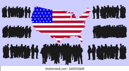 Green card application. Vector silhouette of a group refugees, migration crisis in Middle East, Mexico Africa. War migration waves. United states of America vector map and new residents, citizens mass