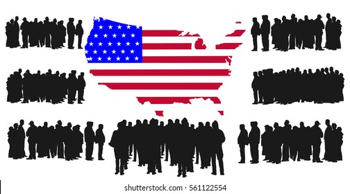 Green card application. Vector silhouette of a group of refugees, migration crisis in Middle East and Africa. War migration waves. United states of America vector map and new residents, citizens mass.