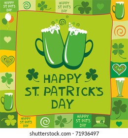 Green card with Beer mugs and the text St. Patrick's Day written inside, vector illustration