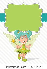 Green card with a cute cartoon fairy girl on colorful nature background
