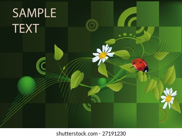 green card the invitation with an abstract ornament from leaves and flowers of a chamomile and a ladybird
