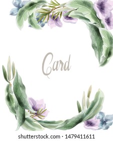 Green card leaves Vector watercolor. Summer round tropic botanical poster