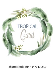 Green card leaves Vector watercolor. Summer round tropic botanical poster