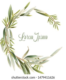 Green card leaves Vector watercolor. Summer round tropic botanical poster