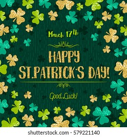 Green  card for Patricks day with golden shamrock, vector illustration