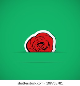 Green card with red rose in paper slit. Vector eps10 illustration