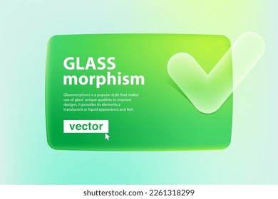 Pantalla de tarjeta verde en estilo Glassmorphism con icono de marca de verificación transparente. logotipo de marca 3D. Plantilla de vector ecológica para aplicaciones de pago, banners comerciales y publicitarios, diseño de recibos.