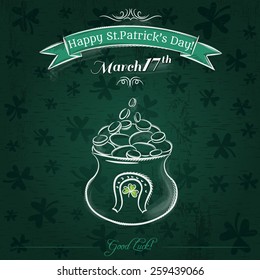 Green card for St. Patrick's Day and  pot with golden coins, vector