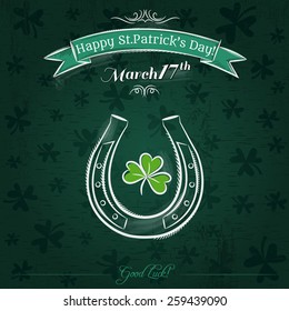 Green card for St. Patrick's Day with horseshoe and shamrock, vector