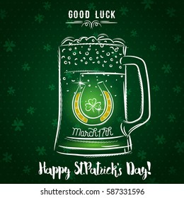 Green card for St. Patrick's Day with  beer mug, horseshoe and shamrock, vector illustration.