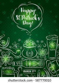 Green card for St. Patrick's Day with  beer bottle, mug, horseshoe, pipe, hat and shamrock, vector illustration.
