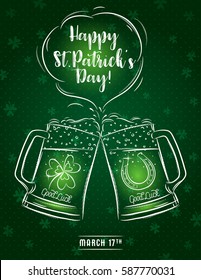 Green card for St. Patrick's Day with two beer mug, horseshoe and shamrock, vector illustration.