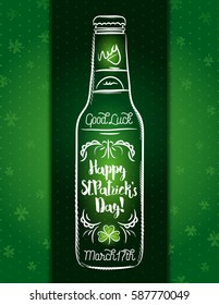 Green card for St. Patrick's Day with  one beer bottle and shamrock, vector illustration.