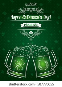 Green card for St. Patrick's Day with two beer mug, horseshoe and shamrock, vector illustration.