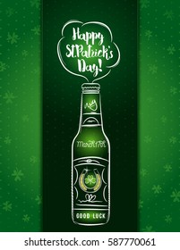 Green card for St. Patrick's Day with  one beer bottle, horseshoe,  and shamrock, vector illustration.