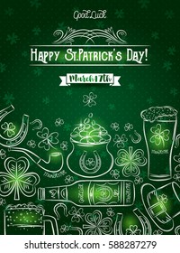 Green card for St. Patrick's Day with  beer bottle, mug, horseshoe, pipe, hat and shamrock, vector illustration.