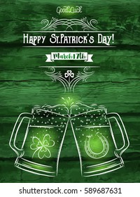 Green card for St. Patrick's Day with two beer mug, horseshoe and shamrock, vector illustration.