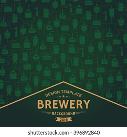 Green card template with label on background with beer brewery elements, icons, logos, design elements. Vector