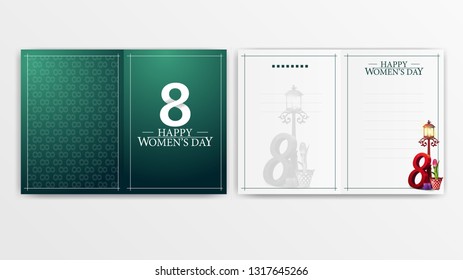Green card for women's day ready to print with tulip in a bucket under a lantern