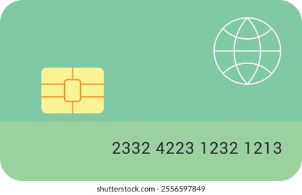 A green card with a yellow chip on the left side and a globe icon on the right side, resembling a credit or debit card, with the number sequence.