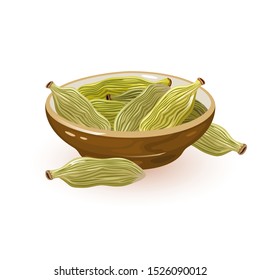 Green cardamom or cardamon pods are in ceramic bowl and near it. Spice having strong, unique taste, with an intensely aromatic, resinous fragrance. Vector cartoon illustration isolated on white.