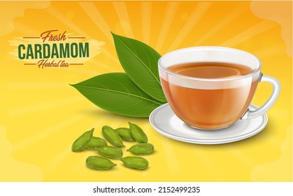 Green cardamom pods with cardamom  herbal tea with green leaves on orange background