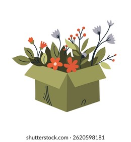 Green cardboard box filled with colorful flowers, leaves, and berries in flat vector style. Decorative floral arrangement perfect for spring, eco, or nature themes