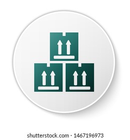Green Cardboard box with traffic symbol icon isolated on white background. Box, package, parcel sign. Delivery, transportation and shipping. White circle button. Vector Illustration