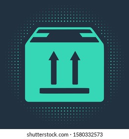 Green Cardboard box with traffic symbol icon isolated on blue background. Box, package, parcel sign. Delivery, transportation and shipping. Abstract circle random dots. Vector Illustration