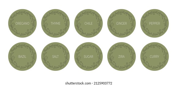 Green cardboard labels for spices. Round food labels or stickers with a floral frame. For marking kitchen food containers and jars. Names of spices in English. Vector set isolated on white background