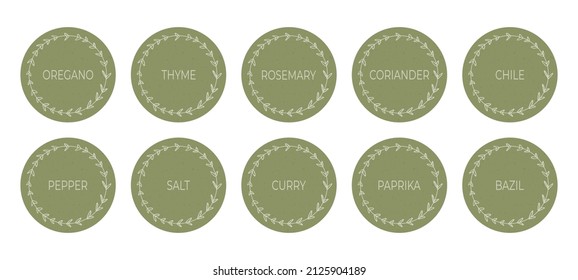 Green cardboard labels for spices. Round food labels or stickers with a floral frame. For marking kitchen food containers and jars. Names of spices in English. Vector set isolated on white background