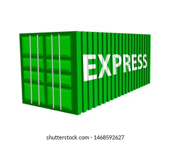 green cargo container, express inscription, isolated on white background 