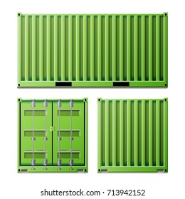 Green Cargo Container Vector. Freight Shipping Container Concept. Logistics, Transportation Mock Up. Front And Back Sides. Isolated On White Background Illustration
