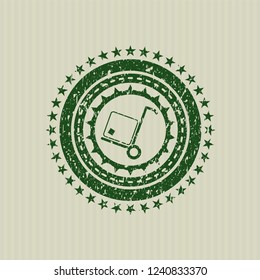 Green cargo icon inside distressed with rubber seal texture